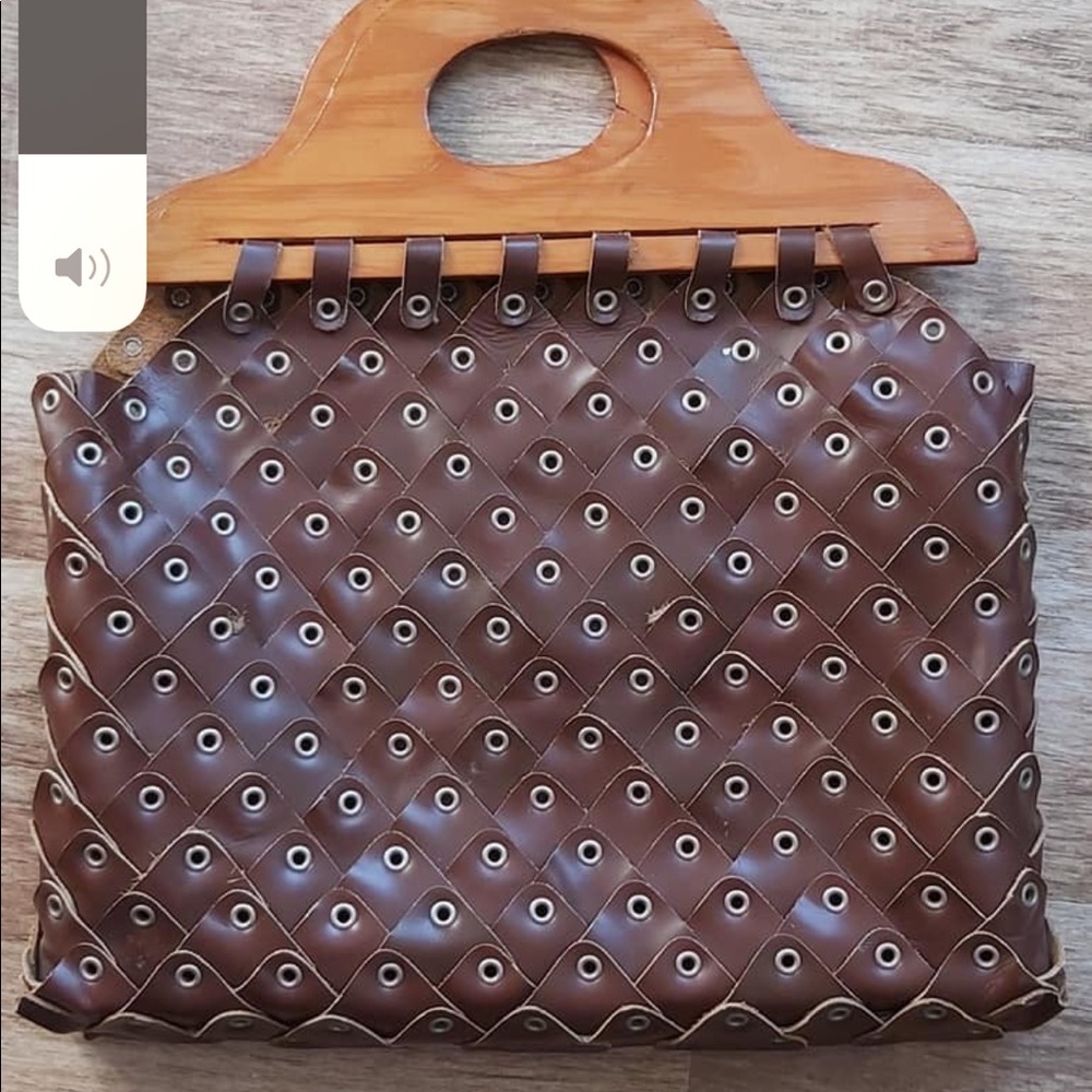 1970’s Vintage Riveted Genuine Leather Handbag Wooden Handles Rivets Studded Bag